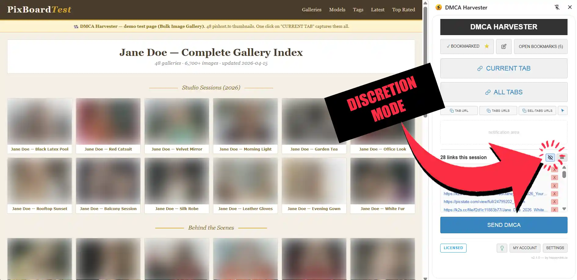 Same page with Discretion Mode toggled on — every image on the page blurred, the eye-icon button highlighted in the side panel.